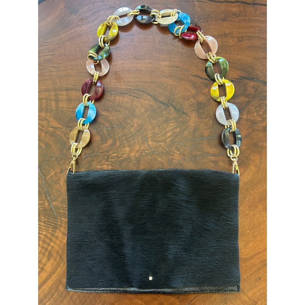 Harriet’s Hides Black Calf Hair Leather Crystal Button Clutch Bag Resin Chain